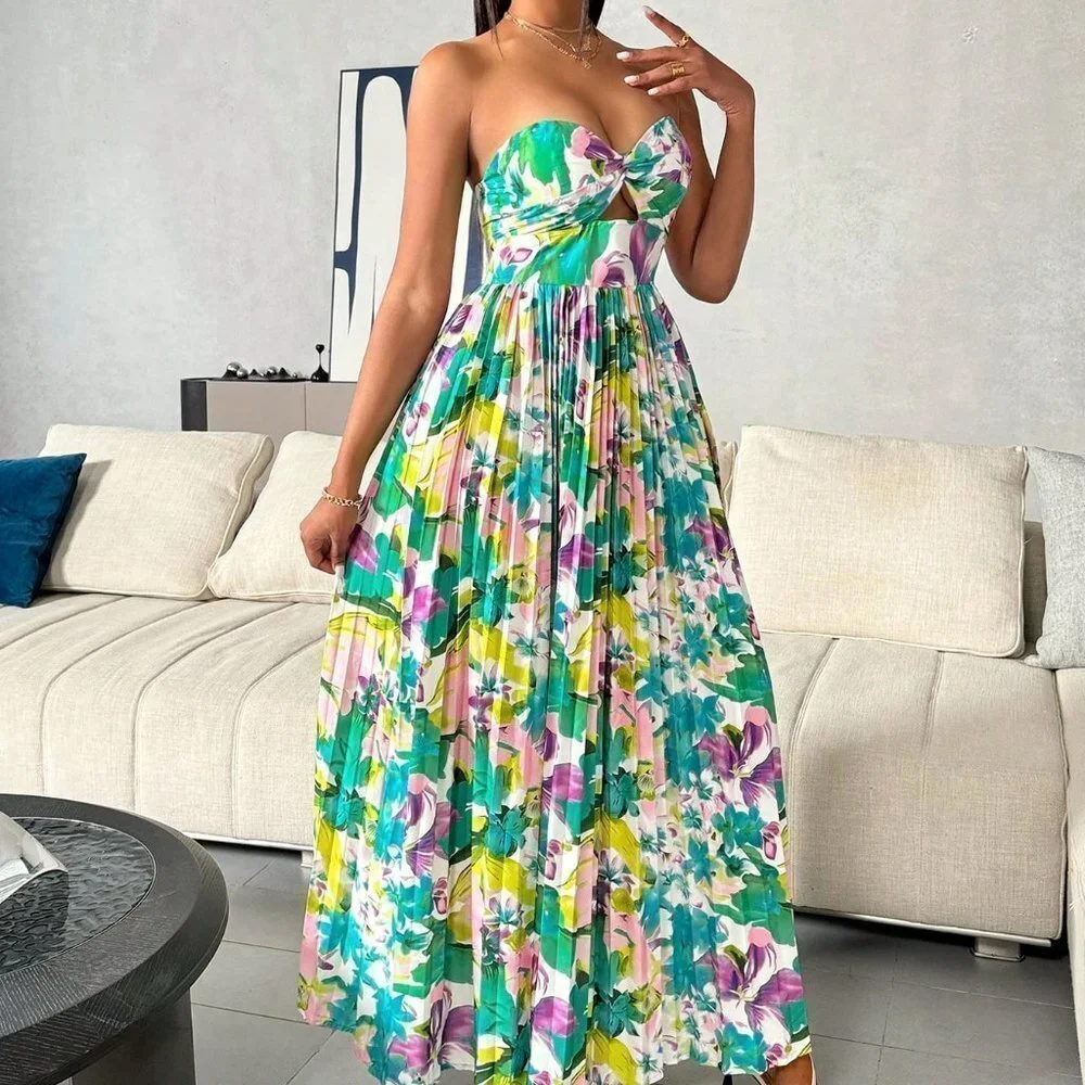 Multicolor Boho Womens Floral Printed Hollow Out Pleated Strapless Dress - Picture 2 of 5